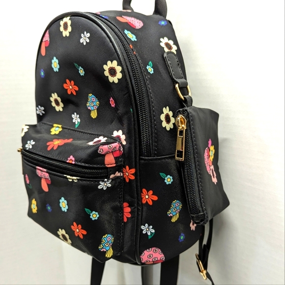 Mini Backpack - Festival/Rave Bag Black with Flowers & Mushrooms by Like Dreams - Picture 4 of 8